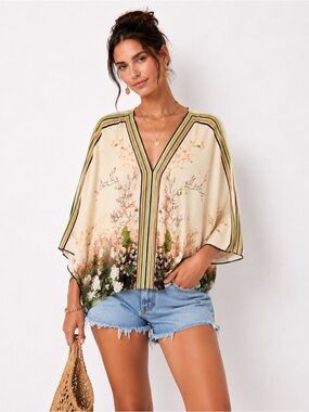 Floral V-Neck Kimono Sleeve Top
